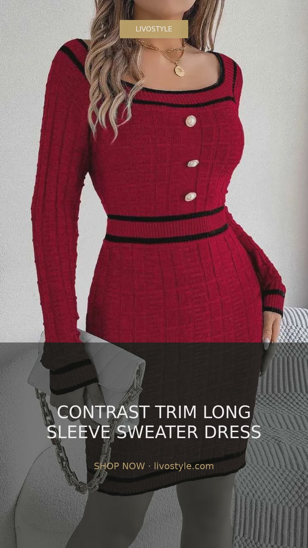 Contrast Trim Square Neck Long Sleeve Sweater Dress – video