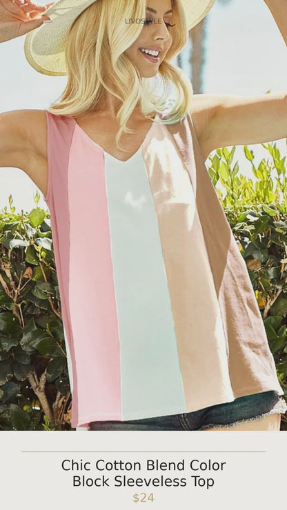 Chic Cotton Blend Color Block Sleeveless Top