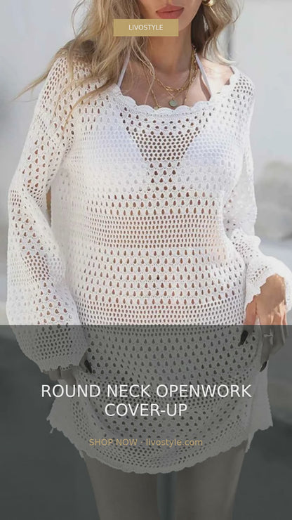 Round Neck Openwork Long Sleeve Crochet-Style Cover-Up – video