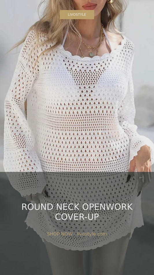Round Neck Openwork Long Sleeve Crochet-Style Cover-Up – video
