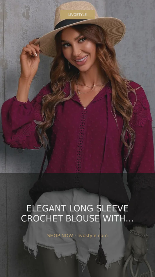 Crochet Long Sleeve Blouse with Tassel Tie Neck – video
