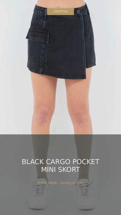 Black Cargo Pocket Asymmetrical Mini Skort – video