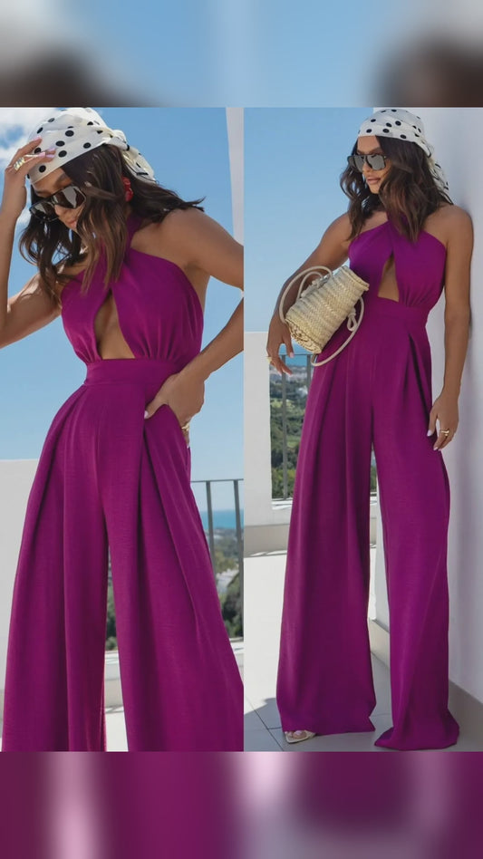 Wide Leg Cutout Halter Neck Jumpsuit – video