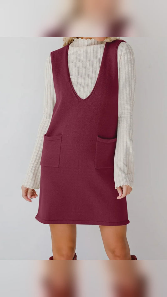 Pinafore Sweater Overall Mini Dress with Patch Pockets – video