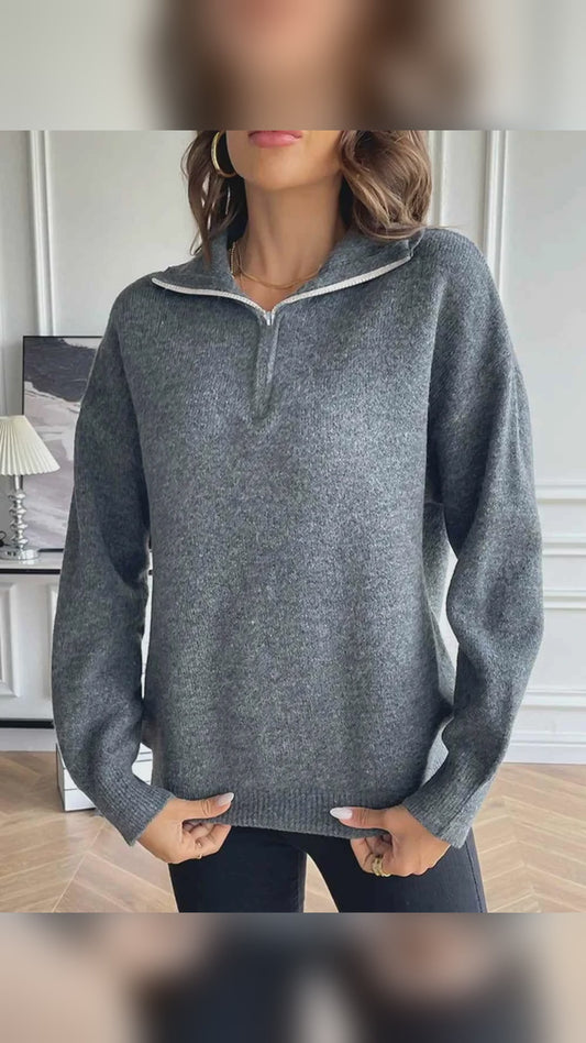 Half Zip Dropped Shoulder Collared Sweater – video