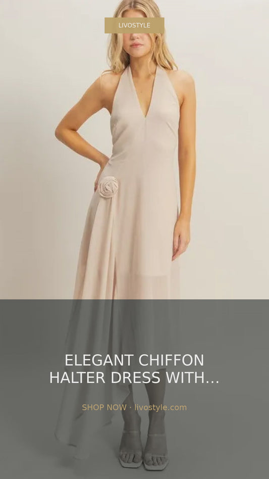 Chiffon Halter Midi Dress with Asymmetrical Hem and Flower Applique – video