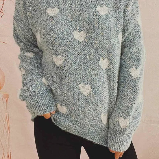 Heart Heathered Turtleneck Drop Shoulder Sweater