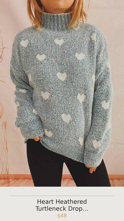 Heart Heathered Turtleneck Drop Shoulder Sweater