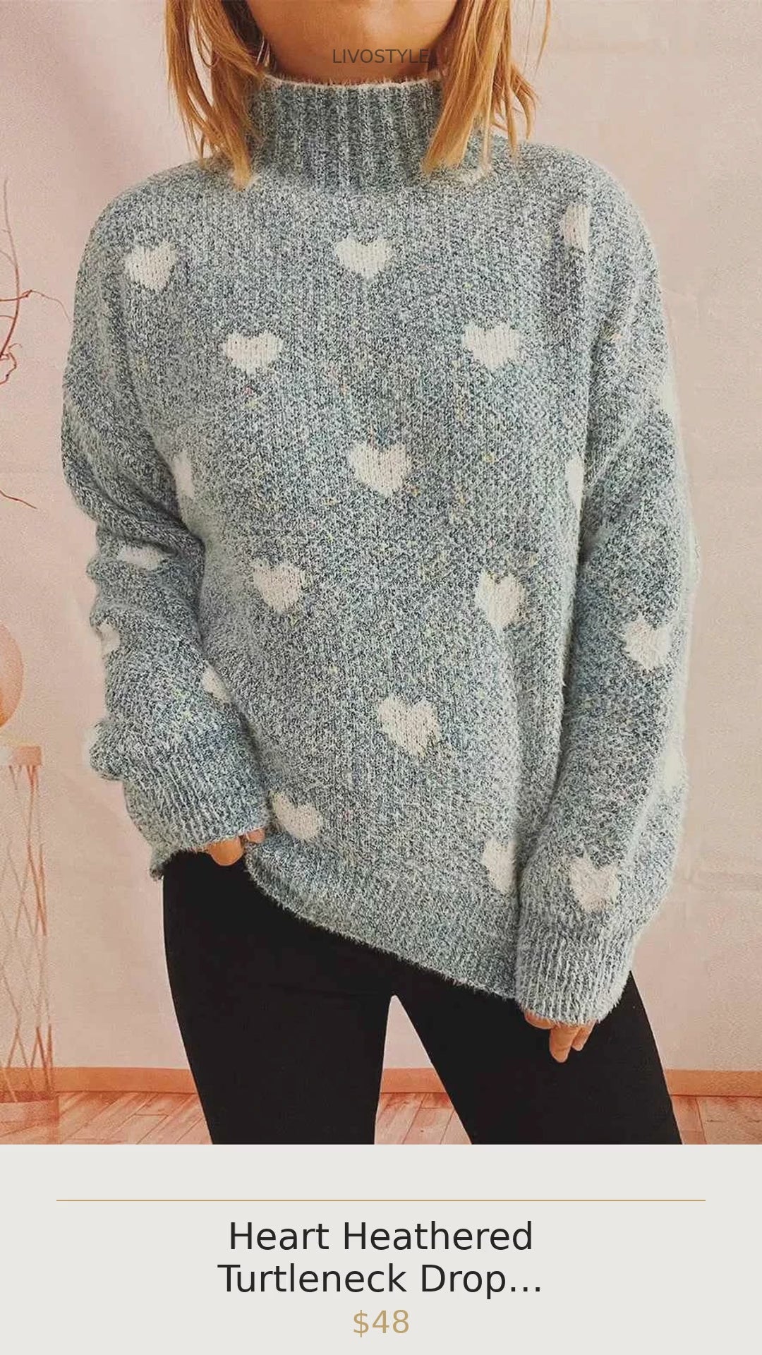 Heart Heathered Turtleneck Drop Shoulder Sweater