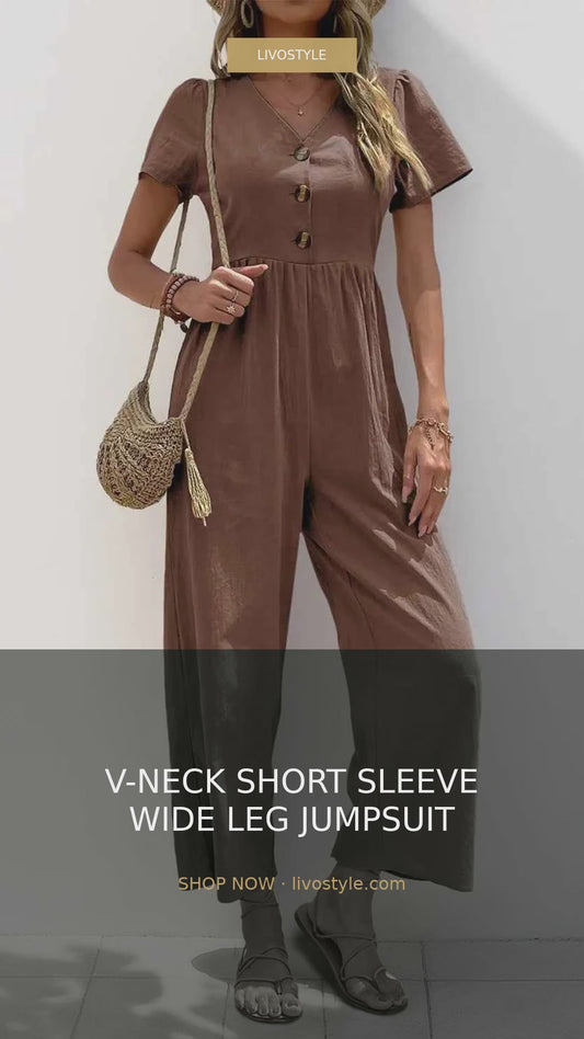 V-Neck Short Sleeve Wide Leg Boho Jumpsuit – video
