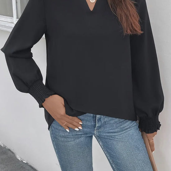 Smocked Notched Long Sleeve Blouse