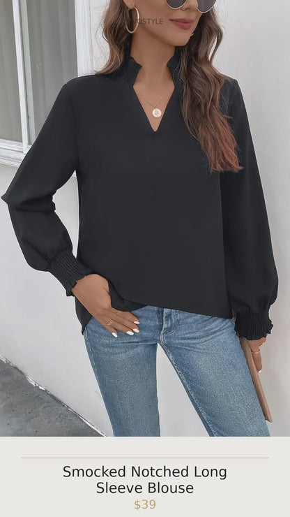 Smocked Notched Long Sleeve Blouse