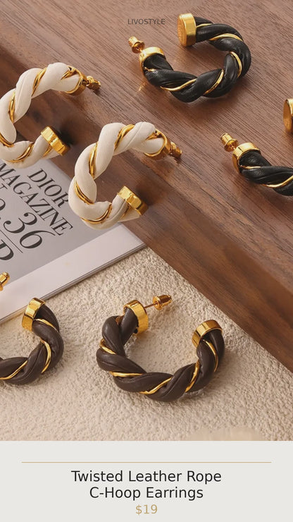 Twisted Leather Rope C-Hoop Earrings