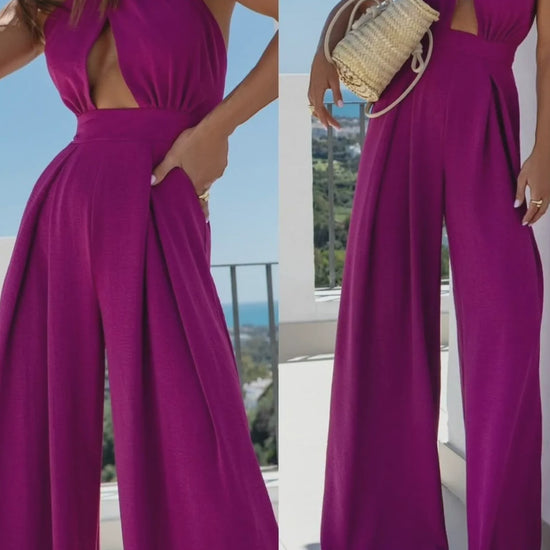 Wide Leg Cutout Halter Neck Jumpsuit