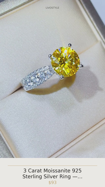 3 Carat Moissanite 925 Sterling Silver Ring — Round-Cut Yellow