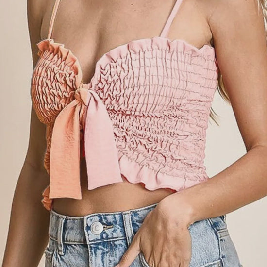 Trendy Color Block Smocked Bra Top with Ribbon Accents