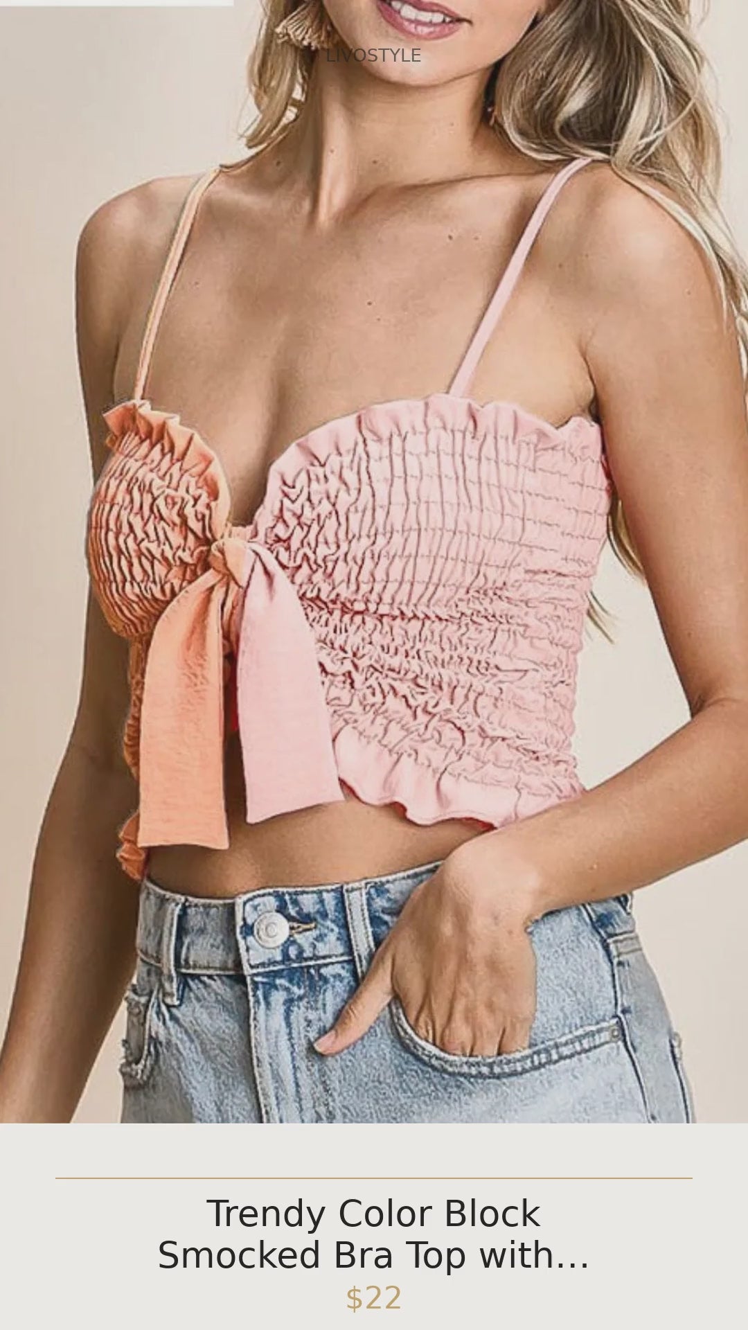 Trendy Color Block Smocked Bra Top with Ribbon Accents