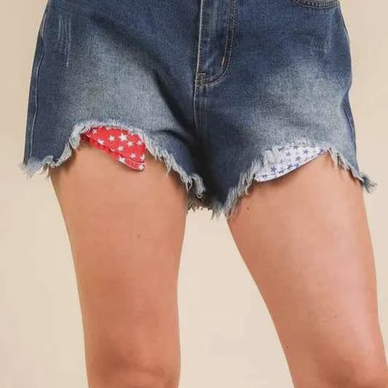 Raw Hem Pocketed Contrast Washed Denim Shorts in Denim