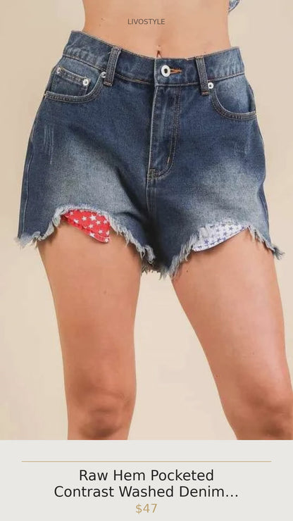 Raw Hem Pocketed Contrast Washed Denim Shorts in Denim