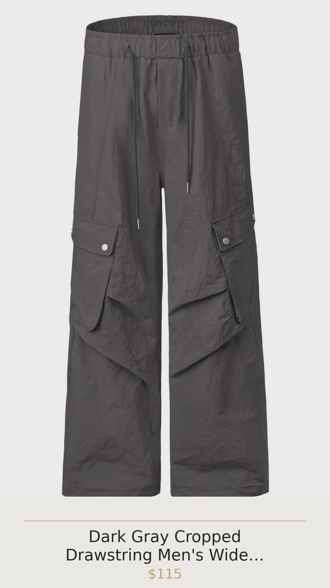 Dark Gray Cropped Drawstring Men's Wide Leg Cargo Pants