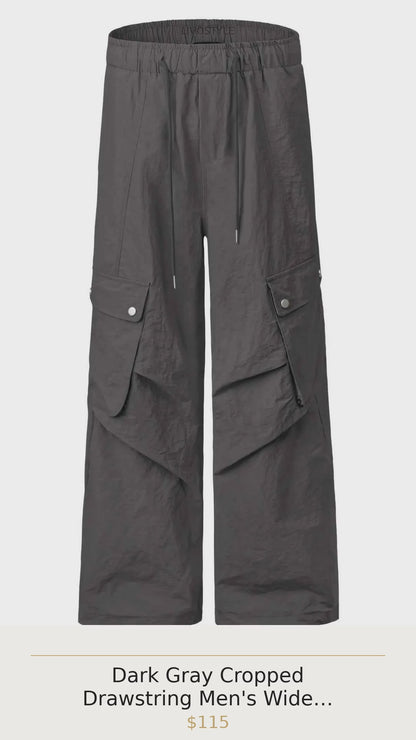 Dark Gray Cropped Drawstring Men's Wide Leg Cargo Pants