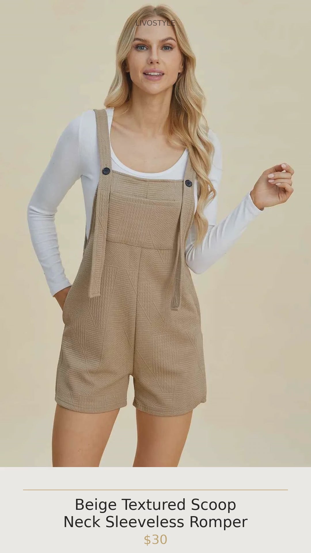 Beige Textured Scoop Neck Sleeveless Romper