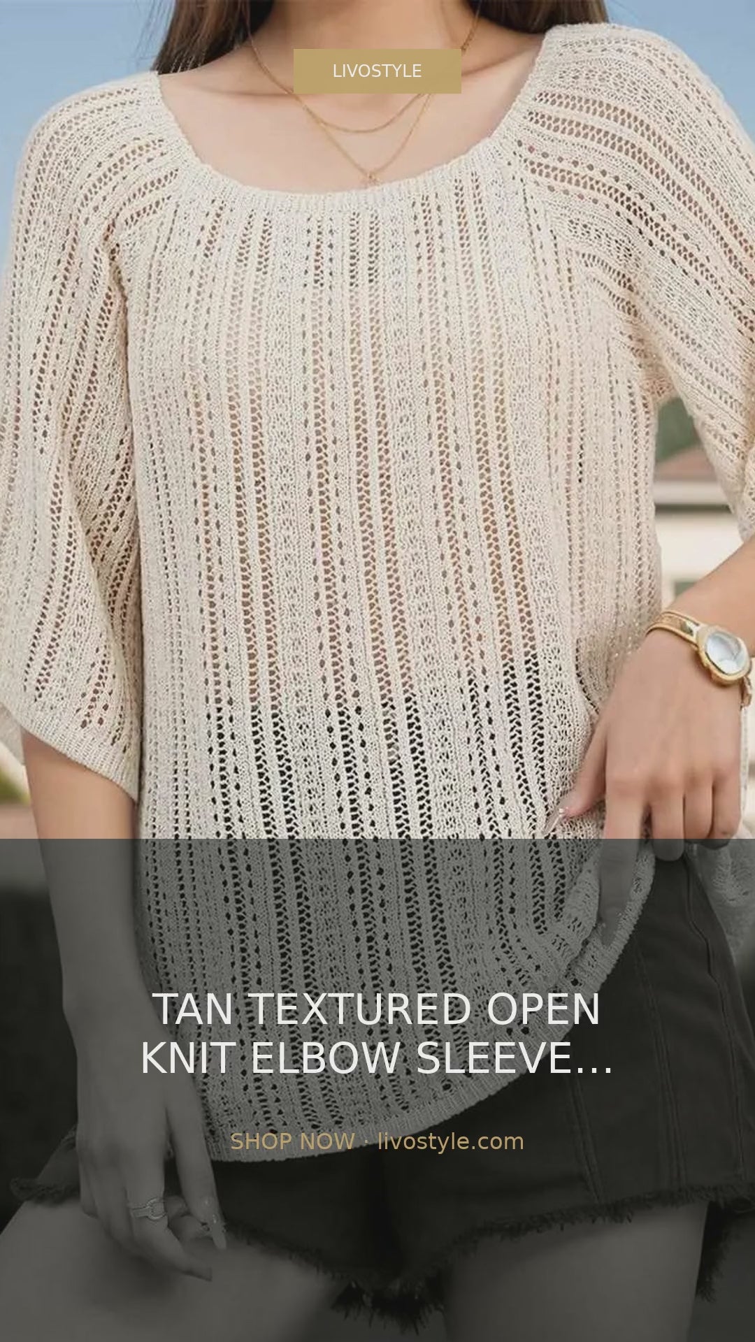 Tan Textured Open Knit Elbow Sleeve Round Neck Cover-Up – video