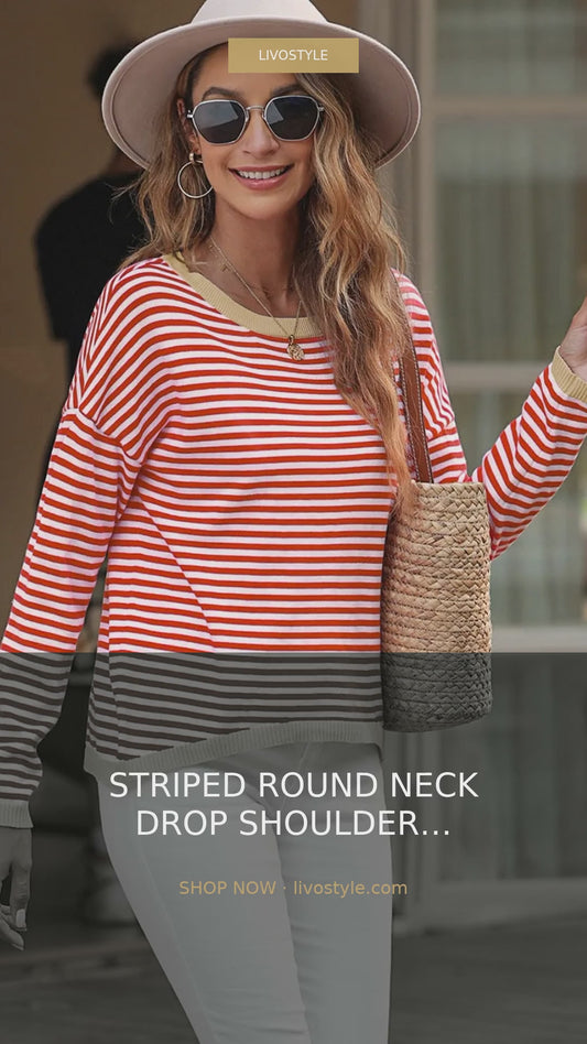 Striped Round Neck Drop Shoulder Long Sleeve Cotton T-Shirt – video