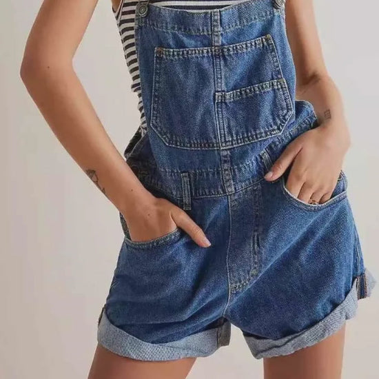 Medium Blue Striped Summer Wide Strap Denim Overalls