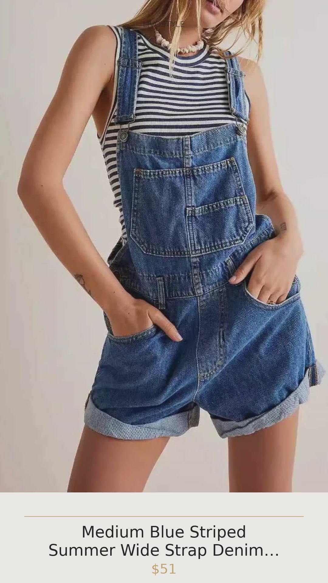 Medium Blue Striped Summer Wide Strap Denim Overalls