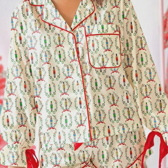 Beige Nutcracker Print Long Sleeve Top and Shorts Lounge Set – video