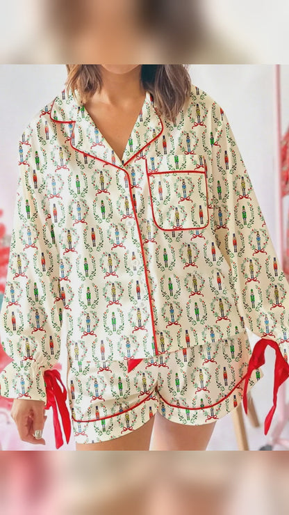 Beige Nutcracker Print Long Sleeve Top and Shorts Lounge Set – video