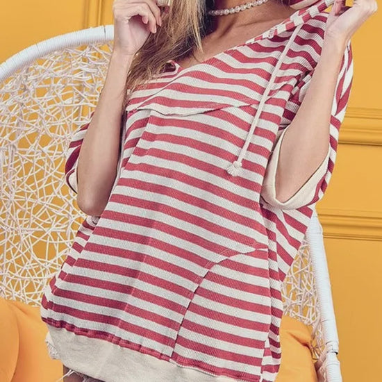 Stylish Stripe Fleece Short Sleeve Hoodie with Notch Neck