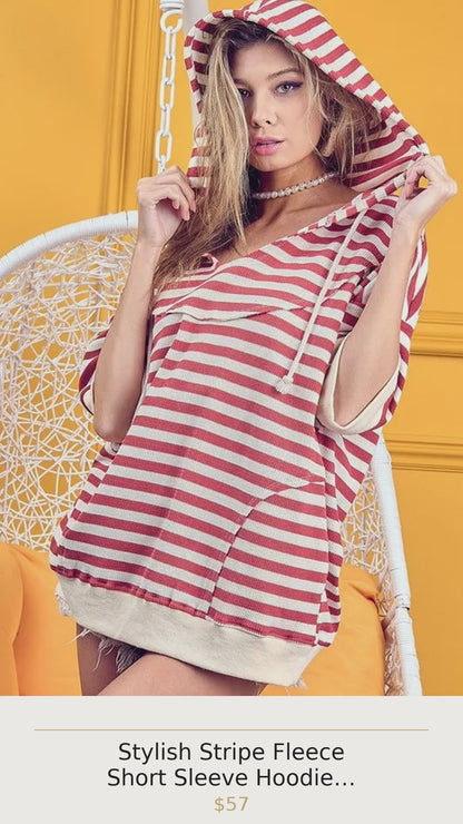 Stylish Stripe Fleece Short Sleeve Hoodie with Notch Neck
