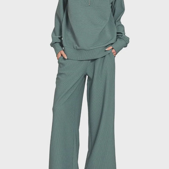 Ribbed High Neck Half Zip Pullover & Pants Set