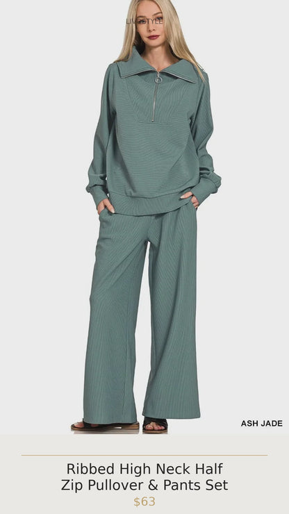 Ribbed High Neck Half Zip Pullover & Pants Set