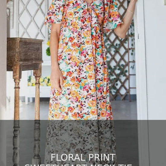 Floral Print Sweetheart Neck Tie Front Midi Dress – video
