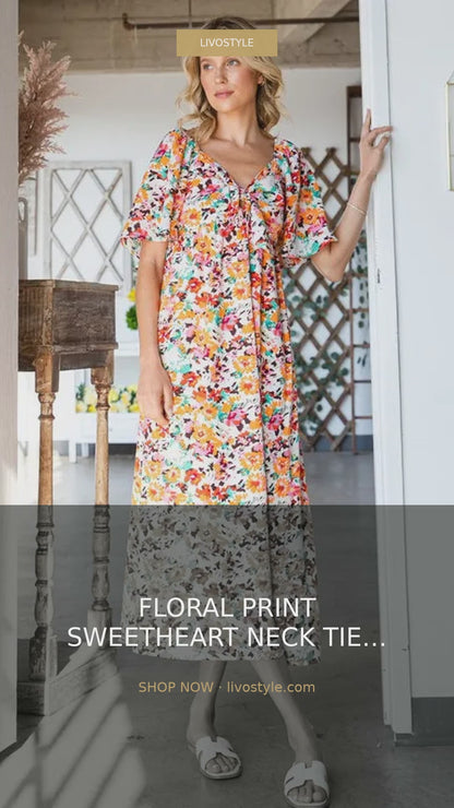 Floral Print Sweetheart Neck Tie Front Midi Dress – video