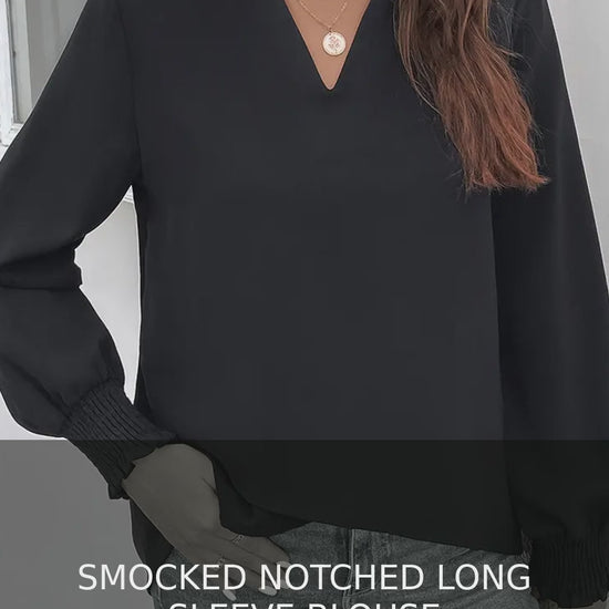 Smocked Notched Neck Long Sleeve Blouse with Bishop Sleeves – video