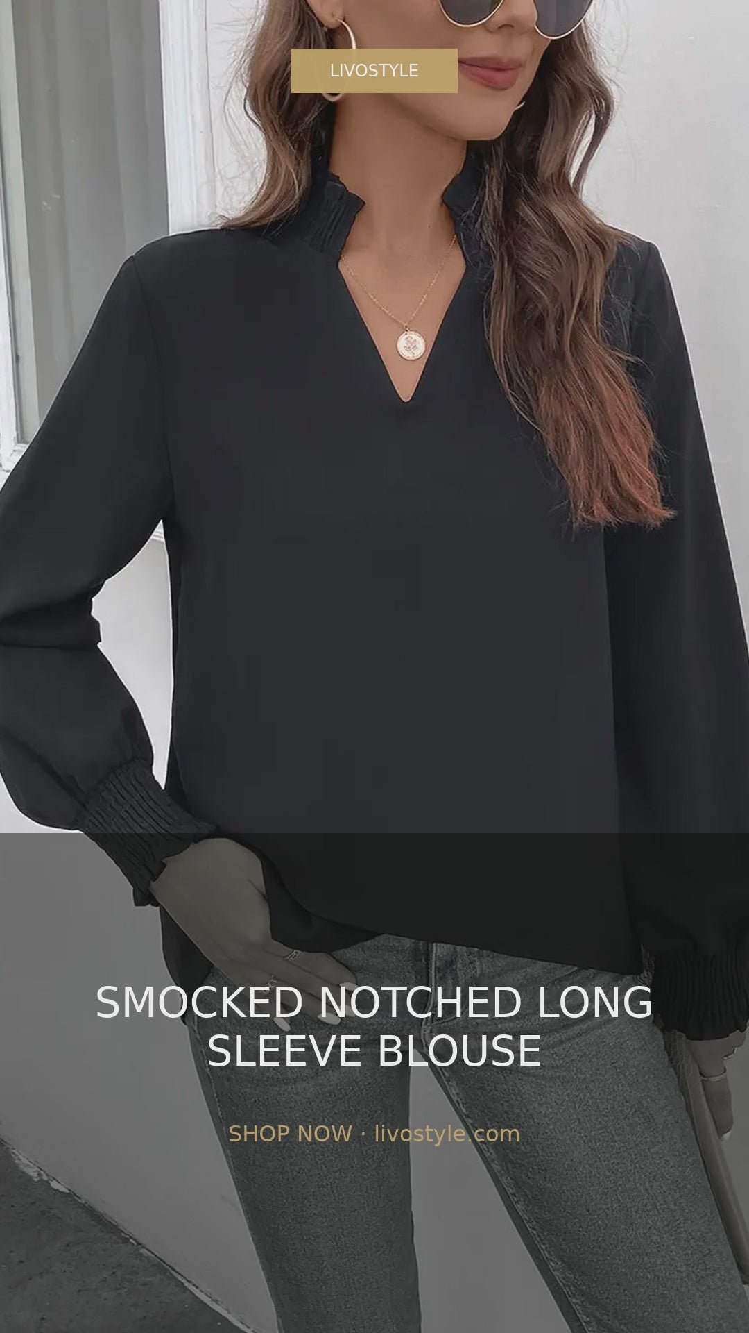Smocked Notched Neck Long Sleeve Blouse with Bishop Sleeves – video