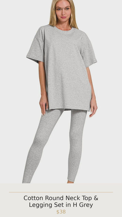 Cotton Round Neck Top & Legging Set in H Grey
