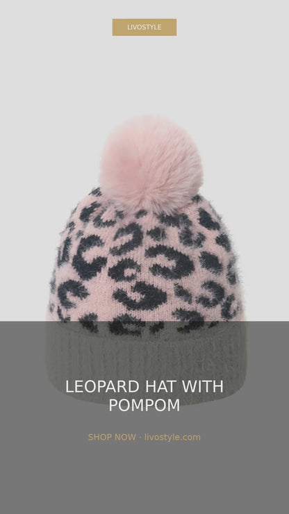Leopard Print Knit Beanie with Pompom – video