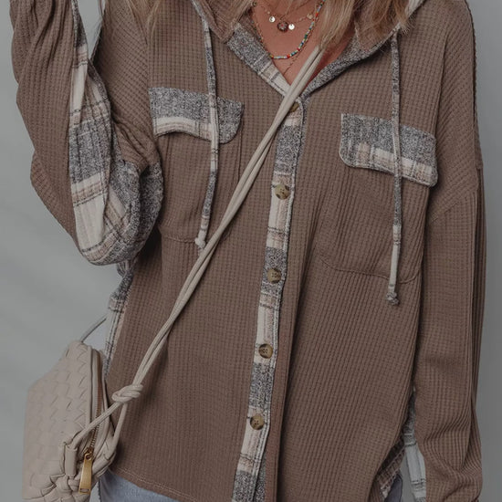 Plaid Patchwork Button-Down Hooded Shacket with Drawstring – video