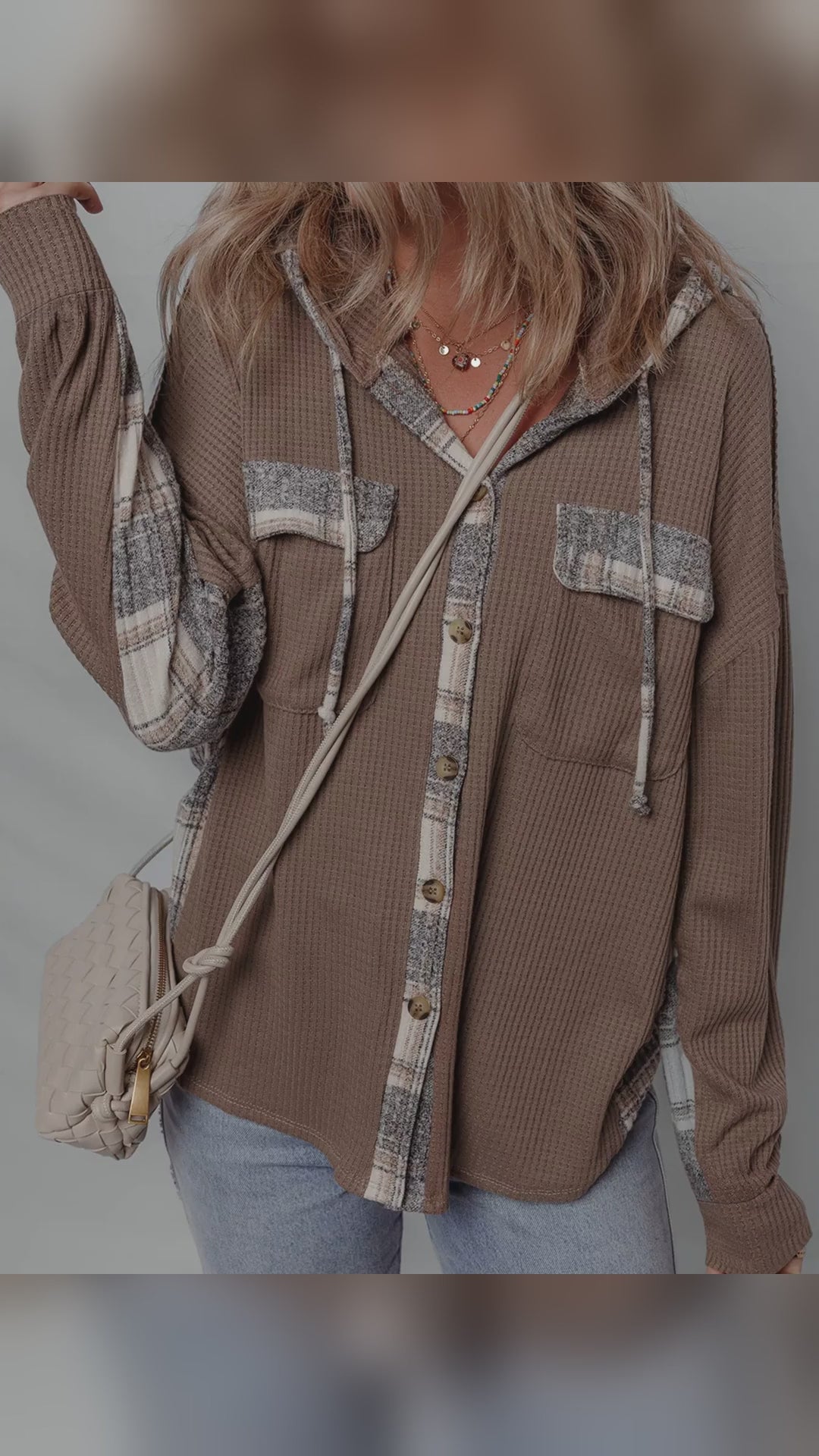 Plaid Patchwork Button-Down Hooded Shacket with Drawstring – video
