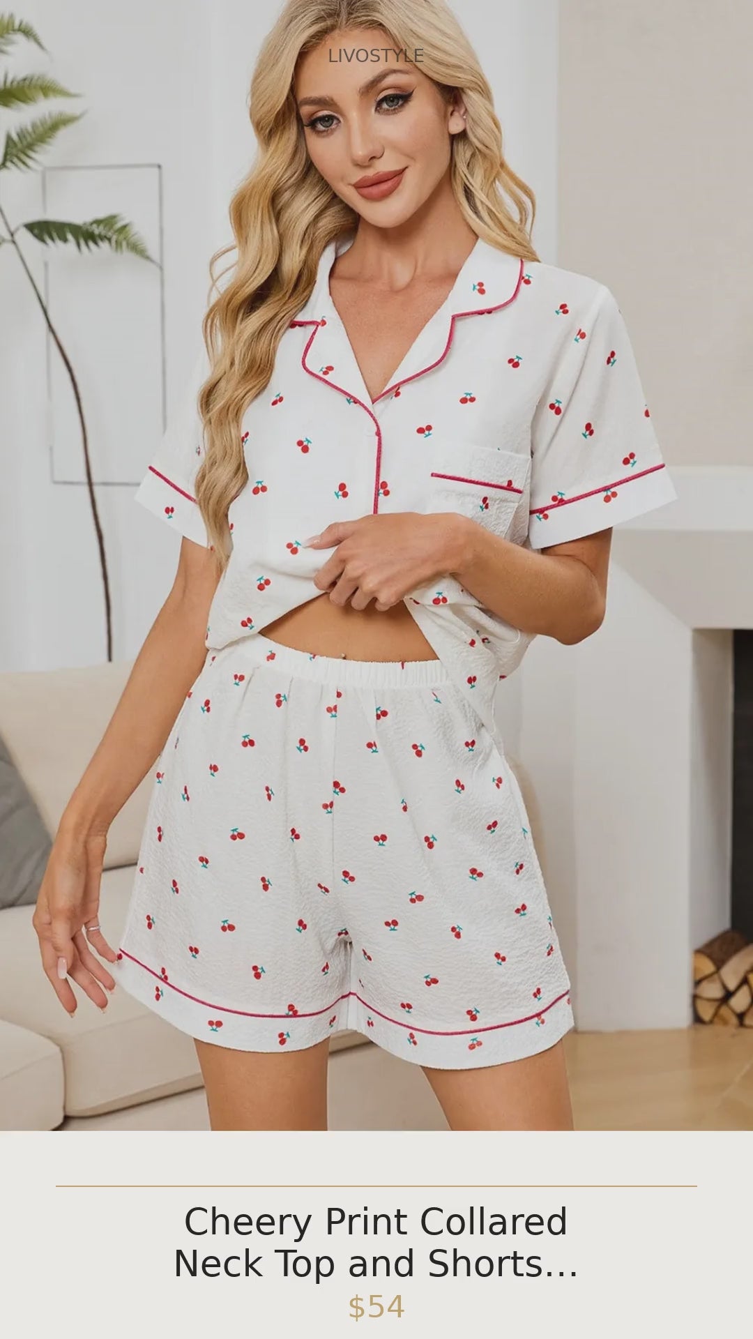 Cheery Print Collared Neck Top and Shorts Lounge Set