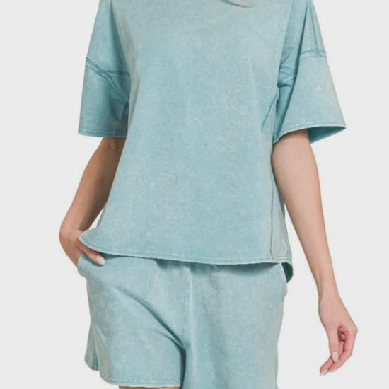 Acid Washed Short Sleeve Tee & Shorts Set in DUSTY TEAL