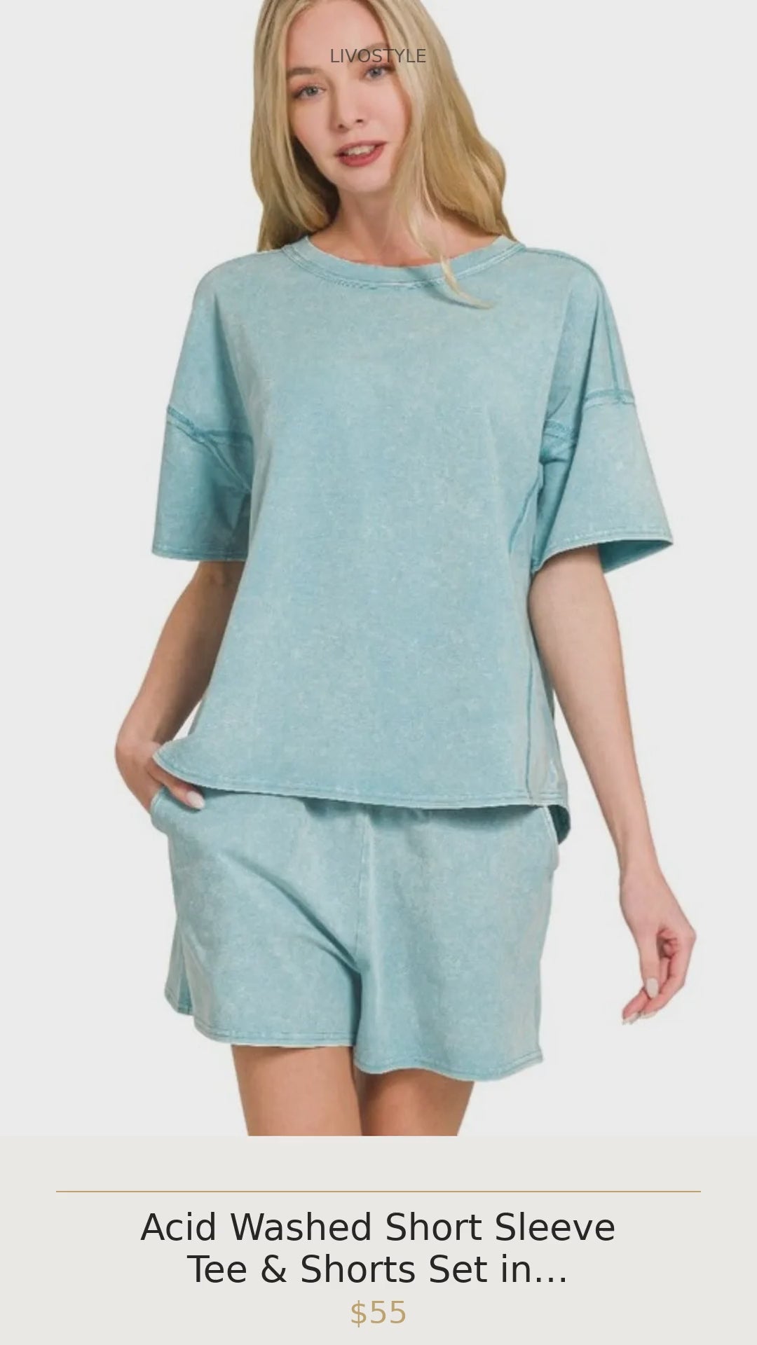 Acid Washed Short Sleeve Tee & Shorts Set in DUSTY TEAL