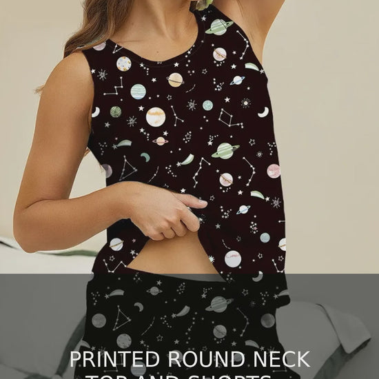 Printed Round Neck Tank and Shorts Pajama Lounge Set – video