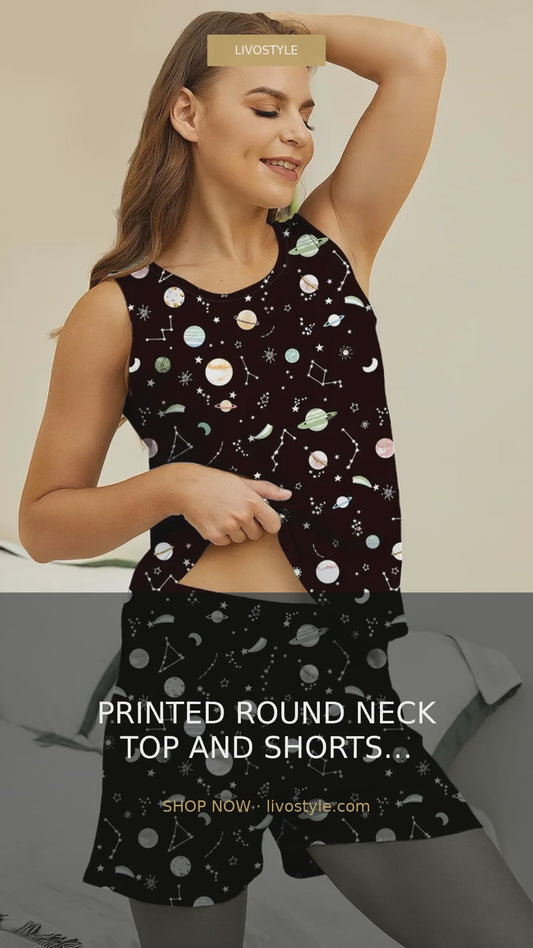 Printed Round Neck Tank and Shorts Pajama Lounge Set – video