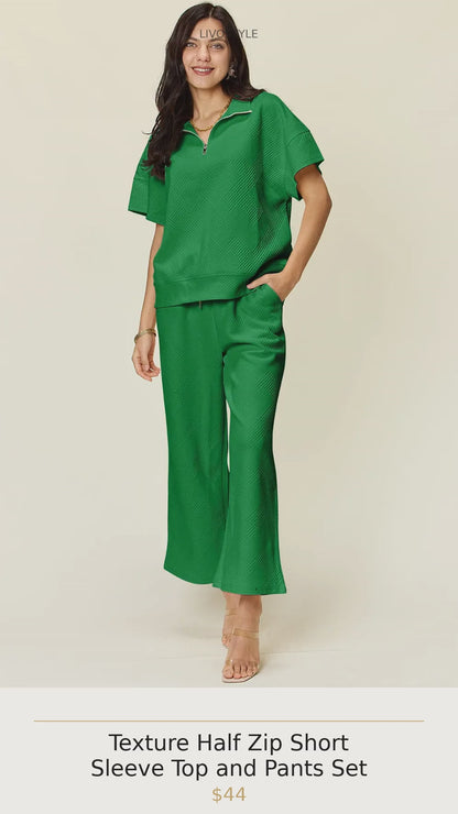 Texture Half Zip Short Sleeve Top and Pants Set